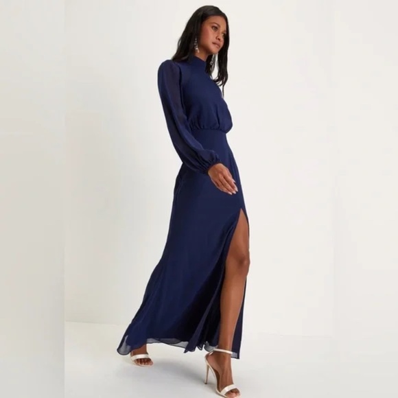 Lulus Graceful Entrance Navy Blue Long Sleeve Backless Maxi Dress Size L - Picture 2 of 9